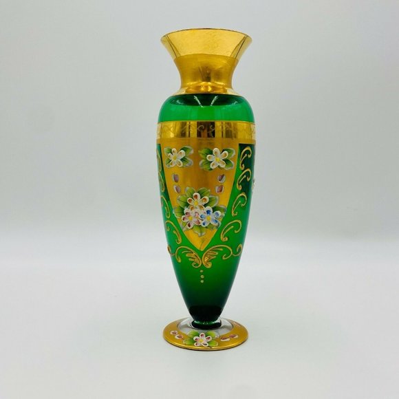 Vintage Bohemian Czech Enameled Green & Gold Vase with Applied Pink Flowers 9.5"